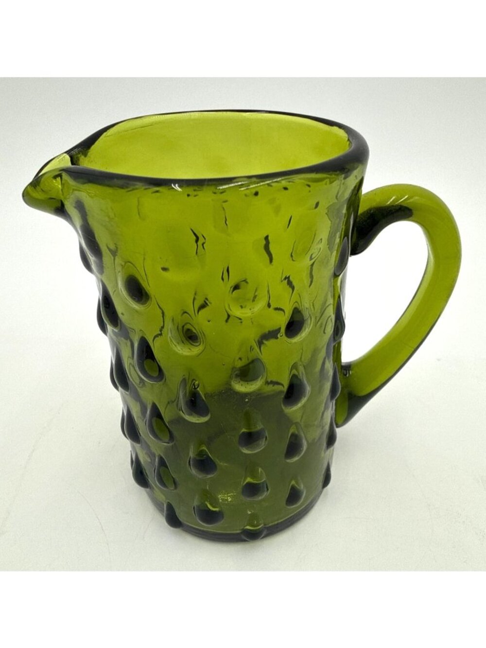 Vtg Handled Small Blown Art Glass Teardrop Pattern Avocado Green Pitcher/Creamer
